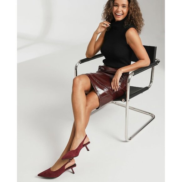 Mostrin Kitten Heels Burgundy Suede Low Slingback Heels with Buckle Dress Shoes - Picture 5 of 9